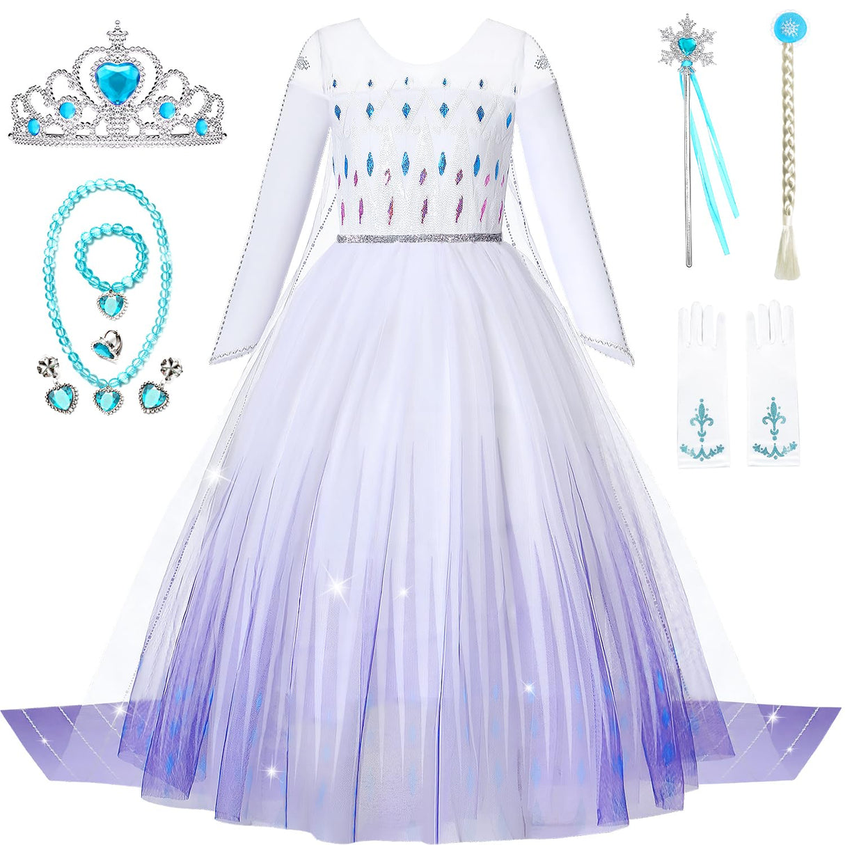Axwcon Girls Princess Elsa Dress Costume with Waist Sequins, Detachable Cape, Halloween Christmas Kid Snow Queen Dress Up
