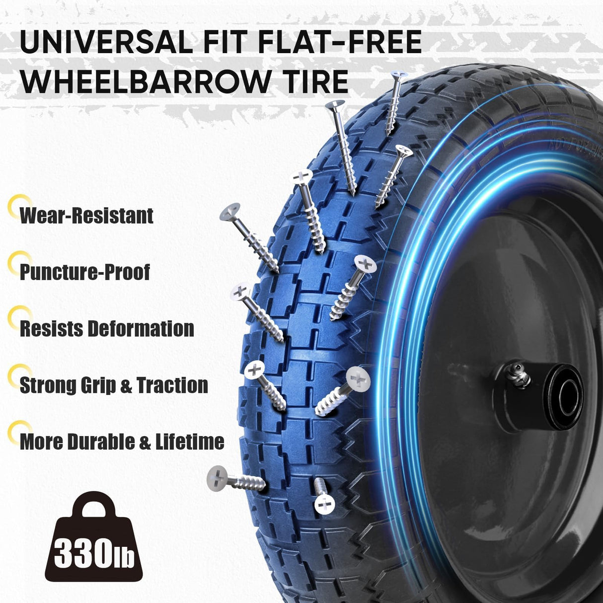 TICONN 4.80/4.00-8 Tire, 14.5" Flat Free Wheelbarrow Tire and Wheel, Solid Replacement Tires with 3" Centered Hub, 5/8" 3/4" Bearings, Universal Fit 4.80/4.00-8, 3.50/3.00-8, 4.00-6 (Black)