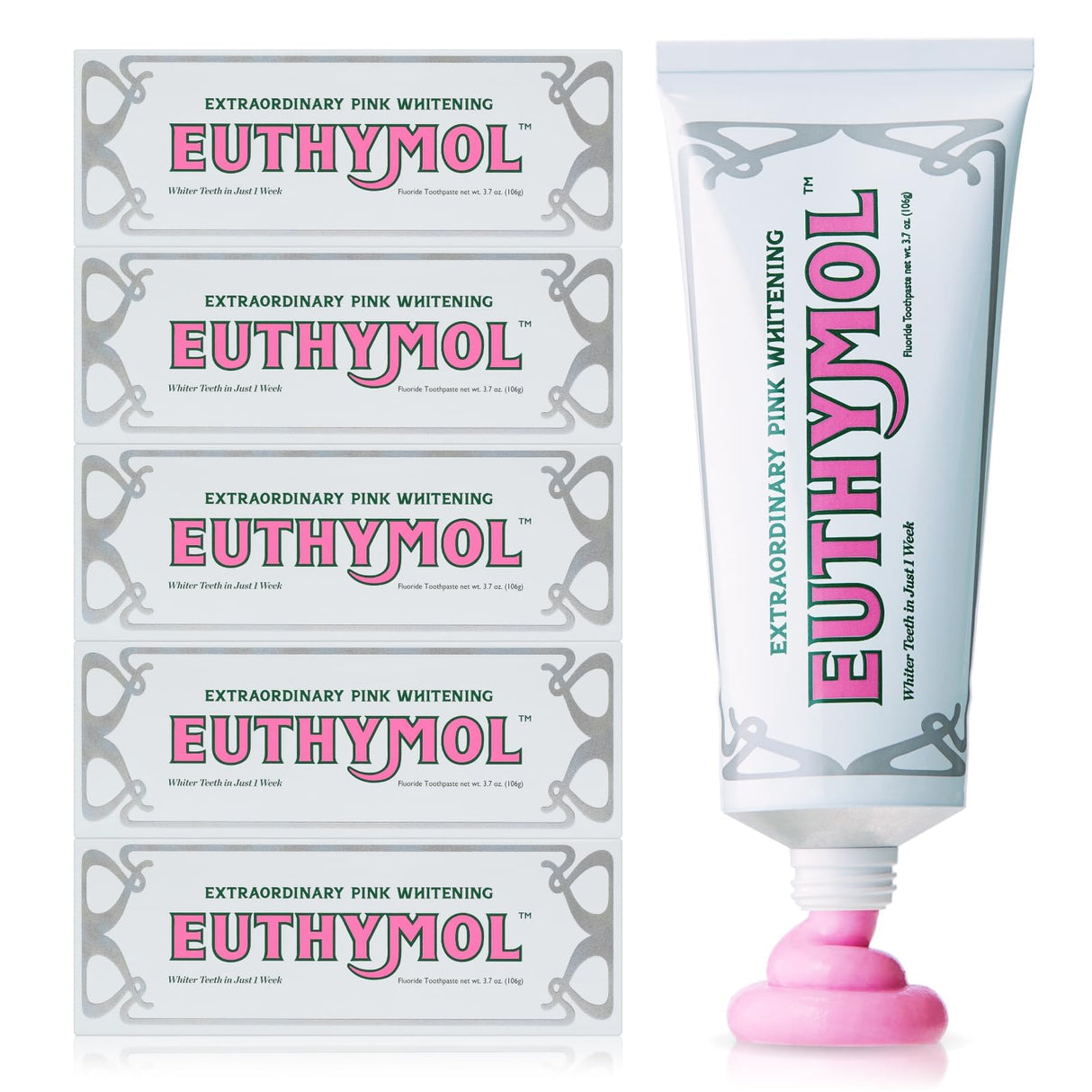 EUTHYMOL Whitening Toothpaste (3.7fl oz*5, Pack of 5) - Stain Removal in 2 Weeks, Long-Lasting Freshness for Sensitive Gum & Teeth. Bad Breath, Cavity Prevention. Recyclable Aluminum Tube
