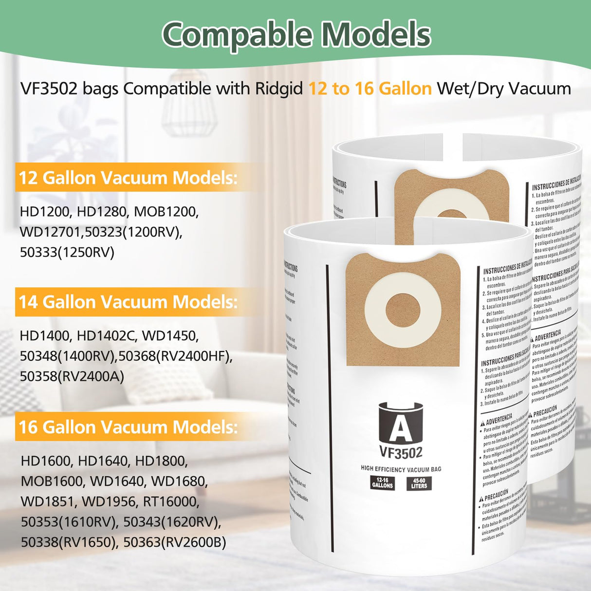 12 Pack 23743 VF3502 Vacuum Bags Compatible with Ridgid 12 to 16 Gallon Wet Dry Vacuums, High Efficiency Replacement Filter Bags for Model WD1950 WD1956 WD1850 WD1851 RV2400HF WD1450 WD1680 WD1270