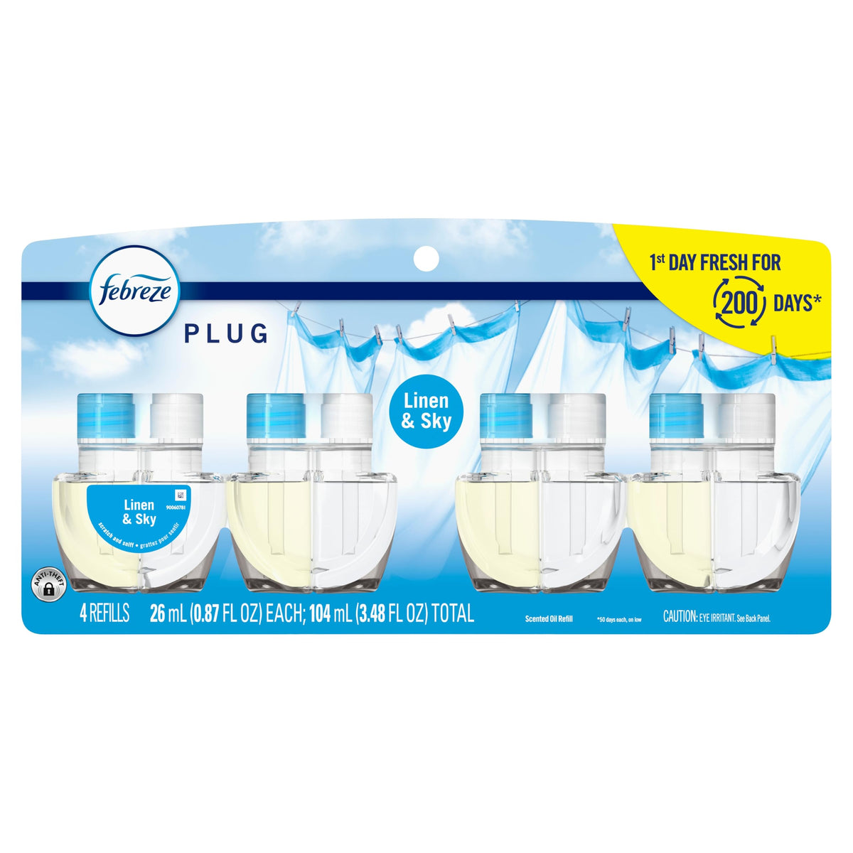Febreze Plug in Air Freshener, Odor-Fighting Scented Oil Refill, Air Fresheners for Home and Bathroom and Kitchen, Long Lasting for Strong Odors, Linen & Sky Scent, 0.87oz Refills, 4 Count