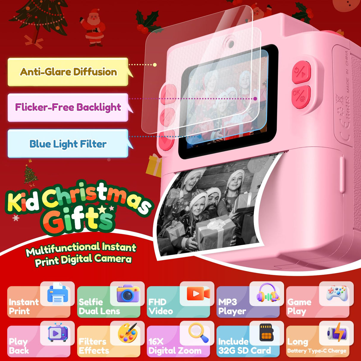 Gift for Girls Kids Camera: Instant Print Dual Lens Digital Camera Toys for Girl 3-12 Birthday Christmas Valentines Gifts for Kid Girls Boys Ages 3 4 5 6 7 8 9 10 with 32G SD Card Storage Bag Pink
