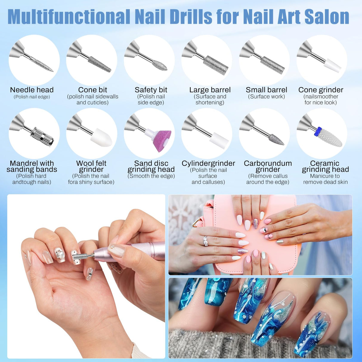 Electric Nail Drill Professional 50000RPM, Electric Nail File Portable for Acrylic Gel Nails, 6000mAh Rechargeable Nail Drill Machine, Efile Kit with 12pcs Bits for Manicure Salon Home