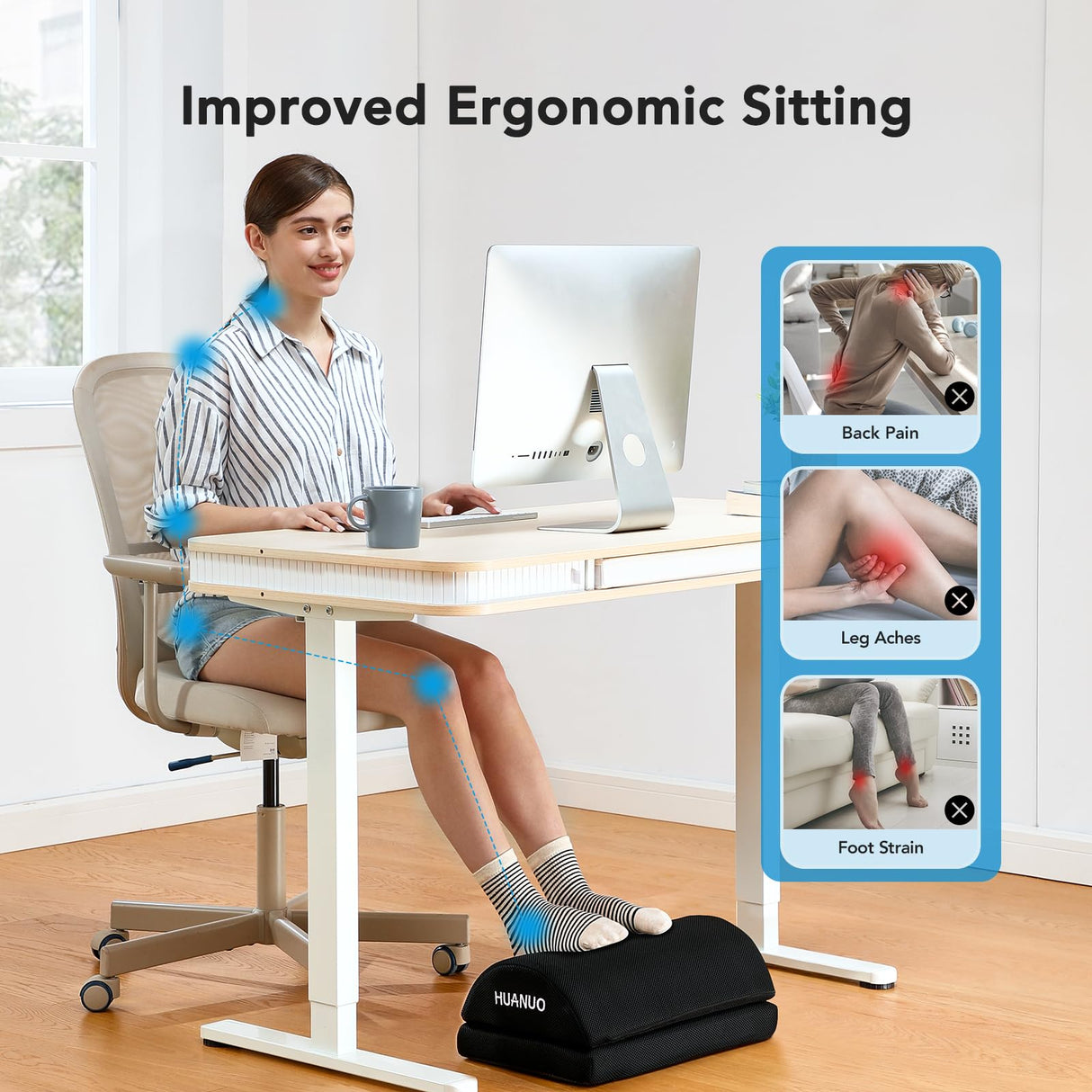 HUANUO Foot Rest for Under Desk at Work, with 2 Optional Covers for Replacing, Double Layer Adjustable Foot Rest for Office, Home, Airplane, Travel