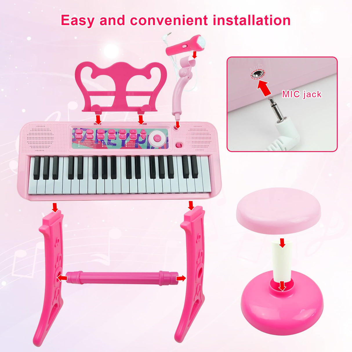 Love&Mini Kids Keyboard Toys for Girls - 37 Keys Pianos Toy with Stool and Microphone Pink Electronic Musical Instrument, Christmas Birthday Gift for Kids 3 4 5 6 7 8 Years Old Boy and Girl