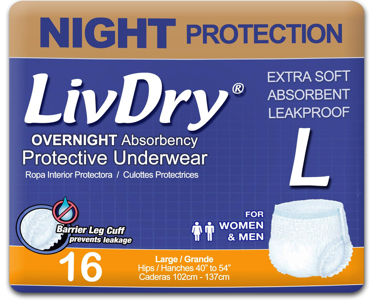 LivDry Adult Diapers Large Incontinence Underwear, Overnight, Leak Protection, 16-Pack