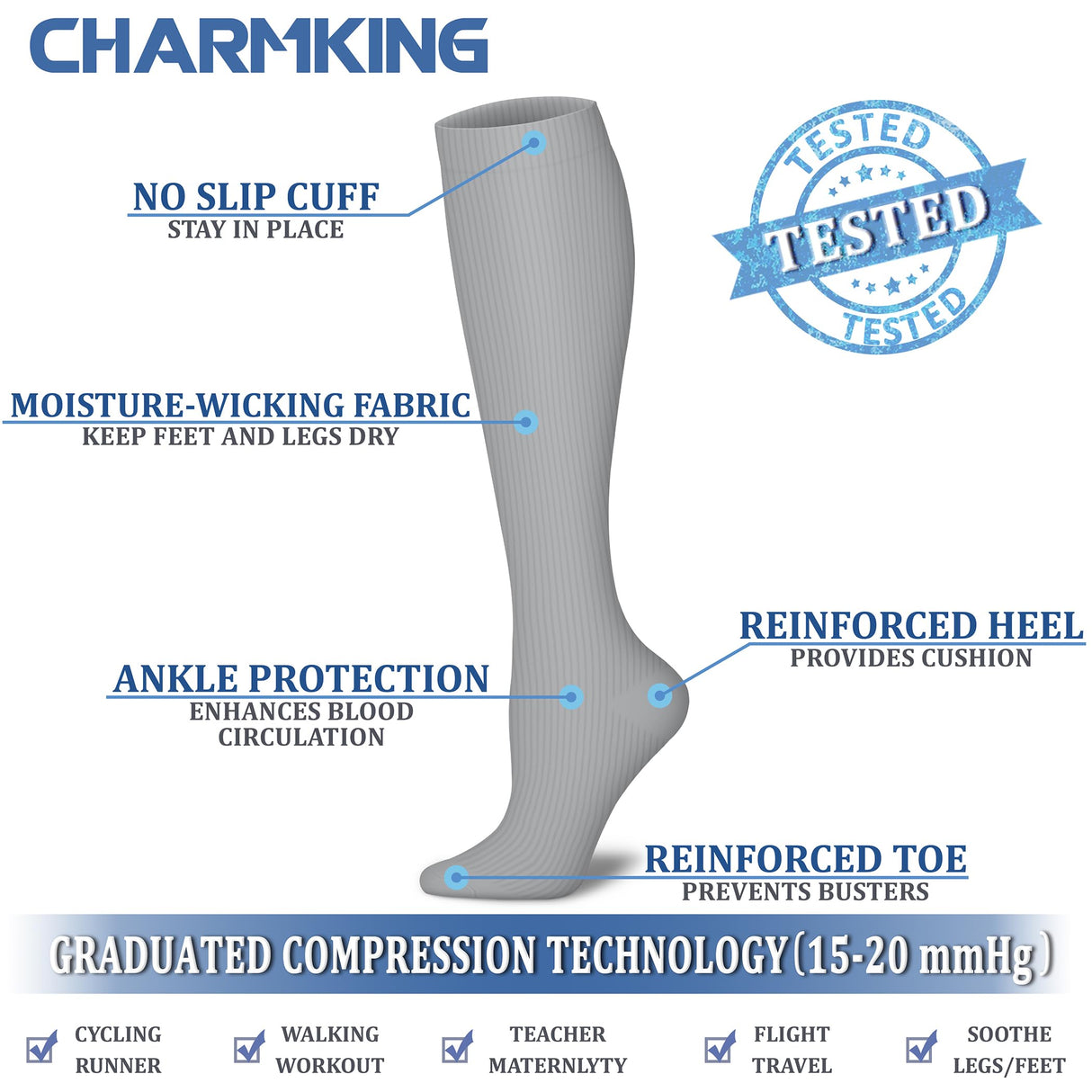 CHARMKING Compression Socks for Women & Men (8 Pairs) 15-20 mmHg Graduated Copper Support Socks are Best for Pregnant, Nurses - Boost Performance, Circulation, Knee High & Wide Calf (S/M, Multi 50)