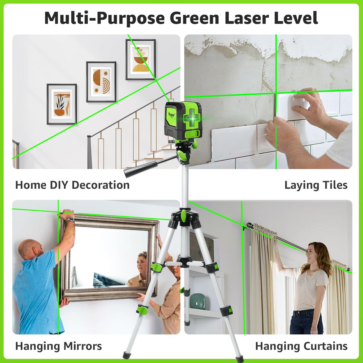 Huepar Laser Level, 100Ft Self Leveling Green Cross Line Laser for Picture Hanging, Tile, Decoration & DIY Construction – 360° Magnetic Base & AA Battery, Indoor Use