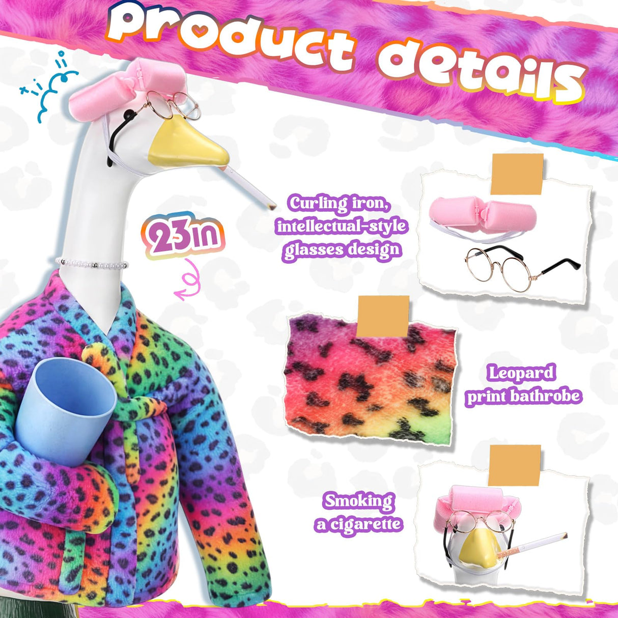 Sunnymove 23 Inch Porch Goose Statue Outfits Set Neon Rainbow Leopard Porch Goose Bathrobe Costumes with Clothes & Accessories for Patio Yard Garden Lawn Outdoor Decoration