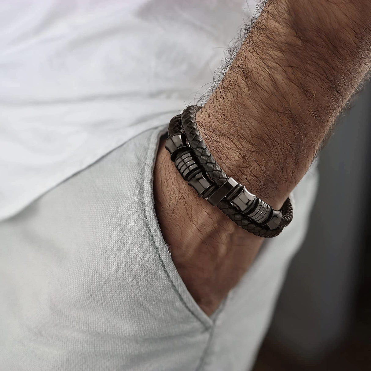 Men's Black Braided Leather Bracelet with Stainless Steel Accents Double-Layer Design Durable Biker Punk Style Wristband Modern Minimalist Fashion Jewelry for Men