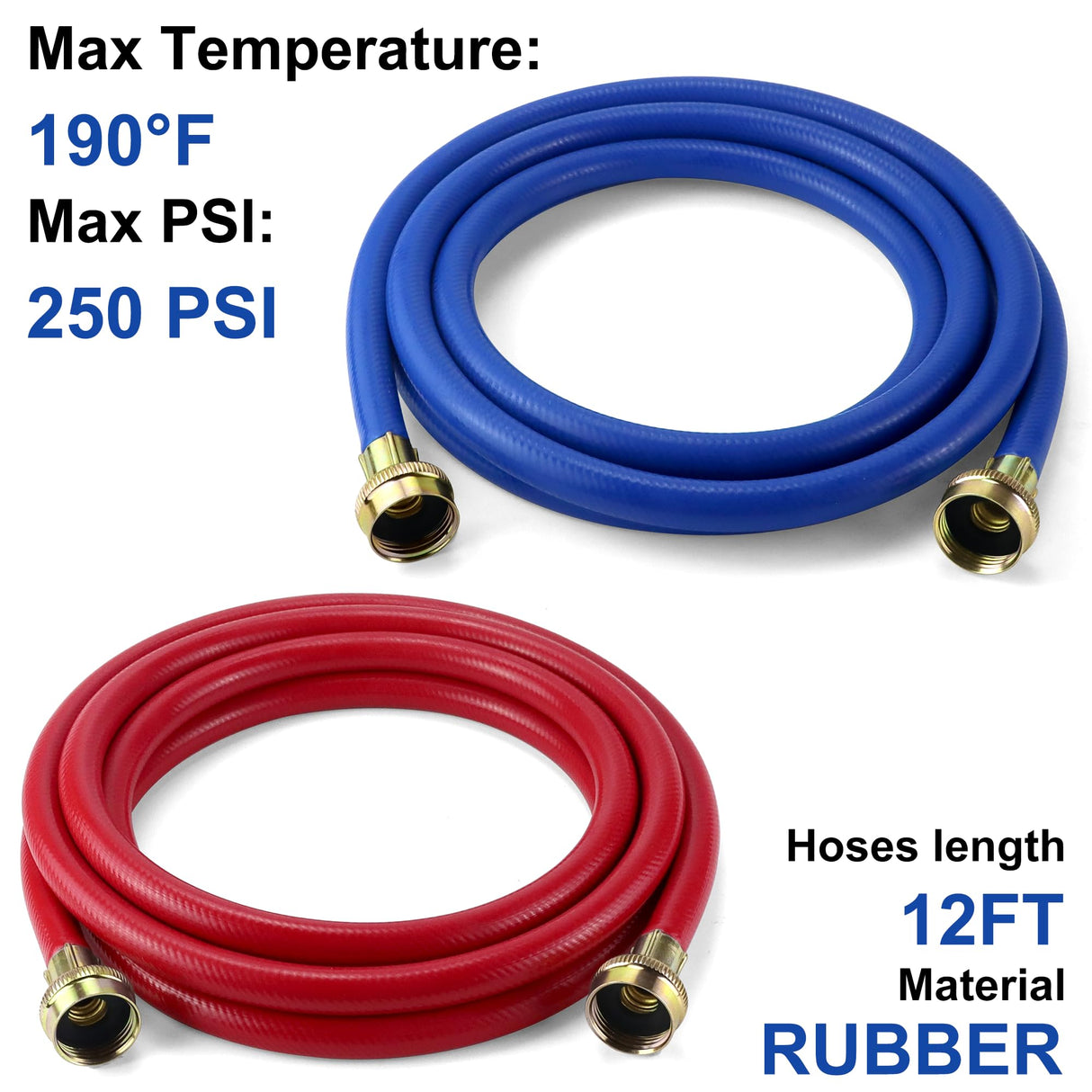 2 PACK Rubber Washing Machine Hoses Burst Proof Red and Blue Coded Washer Machine for Hot and Cold Water 3/4" Connection Supply Lines by Fetechmate Washer Hoses (12 FT)
