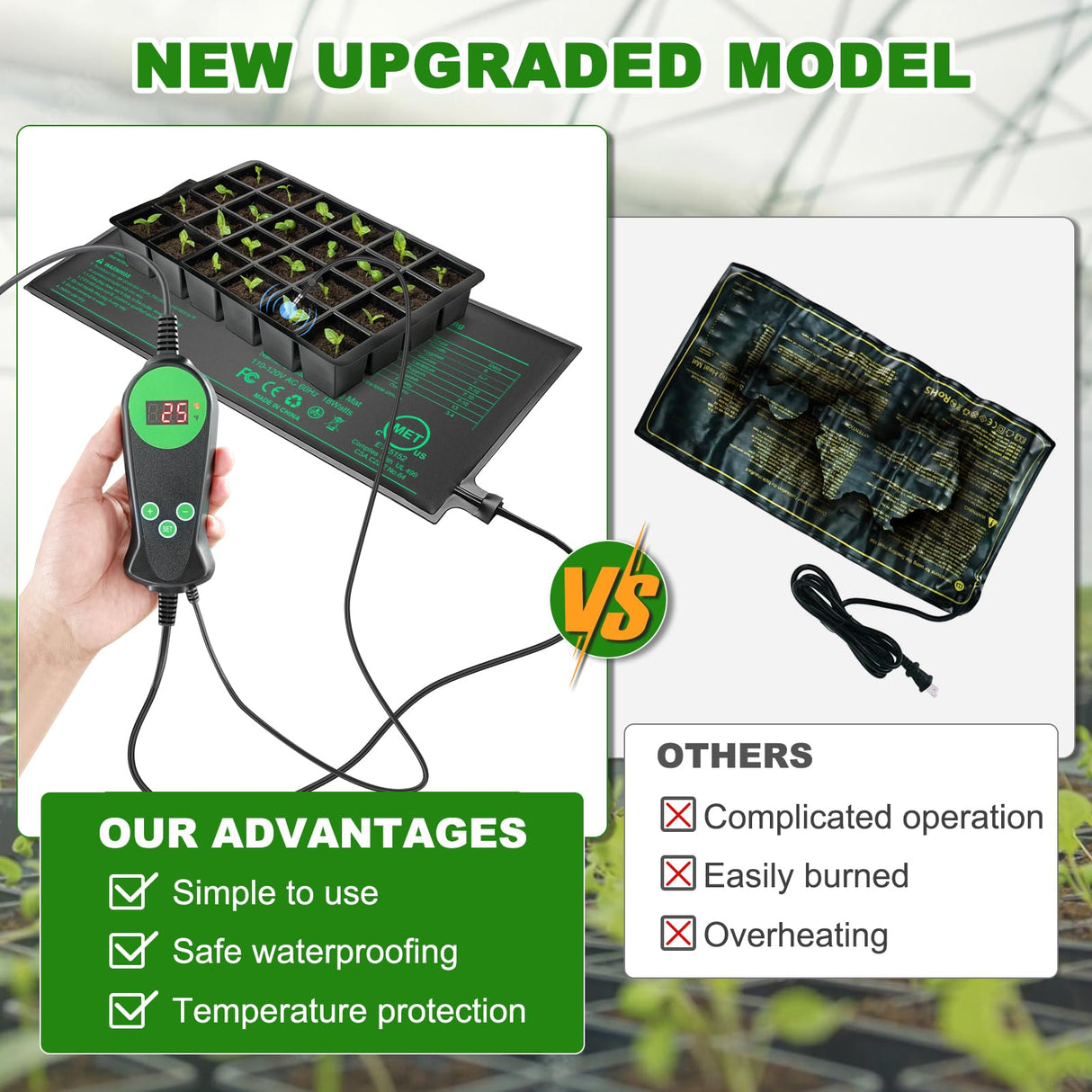 Seedling Heat Mat with Built-in Temperature Controller, 10" x 20.75" Waterproof Plant Heating Pad with Thermostat for Indoor Seed Starting Germination Hydroponics