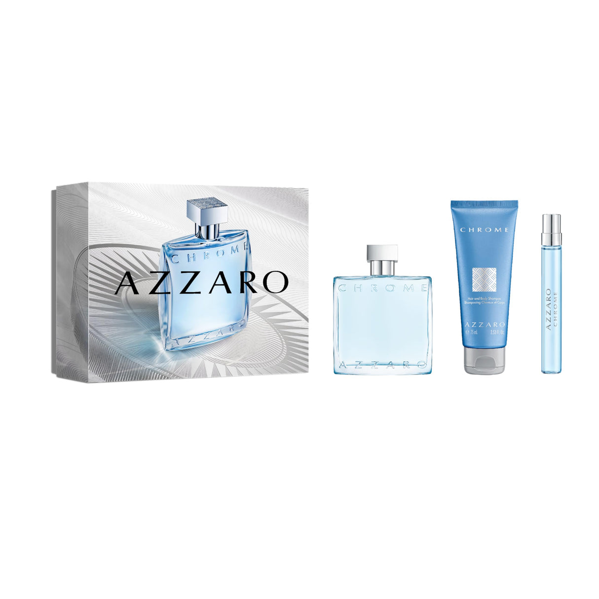 Azzaro Chrome Eau de Toilette - Fresh Aquatic Mens Cologne Gift Set - 3-Piece Holiday Set Includes Full + Travel Fragrance (100ml + 10ml) and Hair + Body Shampoo (75ml) - Gifts for Men
