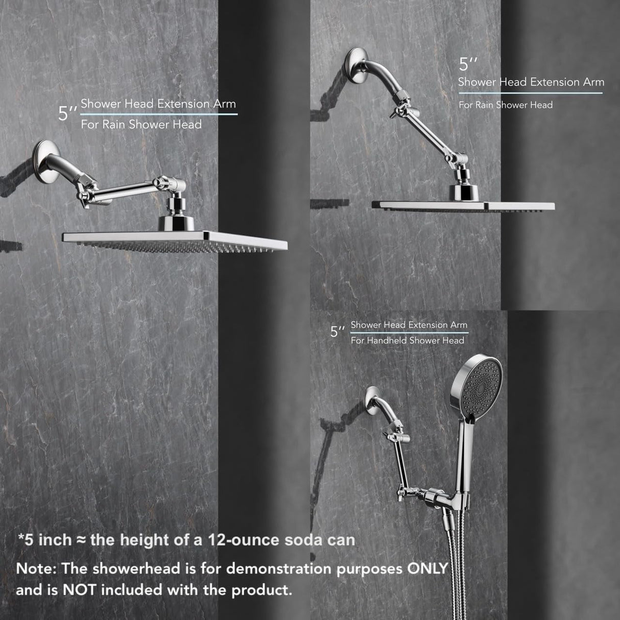 5 Inch Adjustable Shower Head Extension Arm, With Locking Set Screw, Singing Rain 304 Stainless Steel Chrome Angle Height Adjustable, Easy Install, G1/2 Universal Connector Compatible (Chrome Finish)