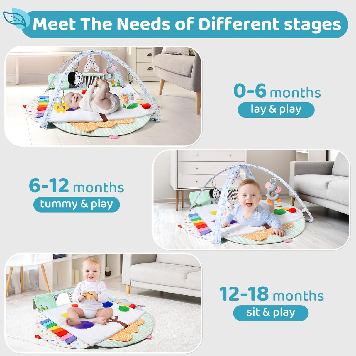 BLF FUN Sensory Baby Play Mat, Montessori Inspired Play Gym Mat for Infants, Machine Washable Activity Mat, Christmas Birthday Gifts for Toddlers 0-6-12-18 Months