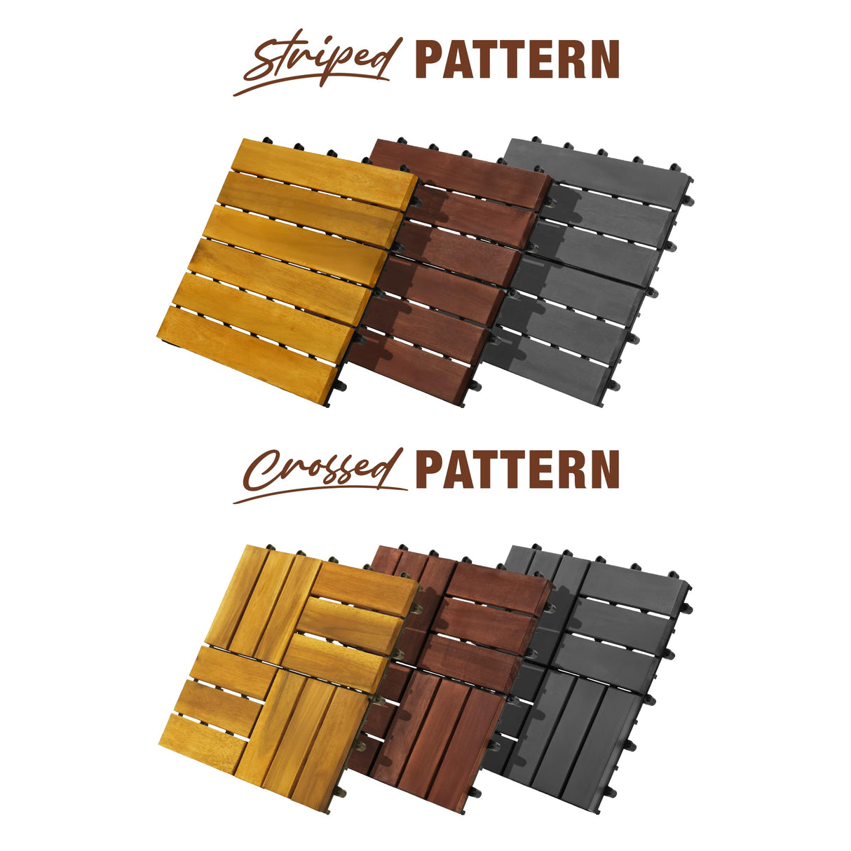 GREEN ALLUVIUM Premium Acacia Wood Interlocking Deck Tiles, 9 PCS 12"x12"x0.9" Patio Flooring, Waterproof Decking Tiles for Balcony, Backyard & Patio, All Weather Use (Dark Brown – Crossed Pattern)