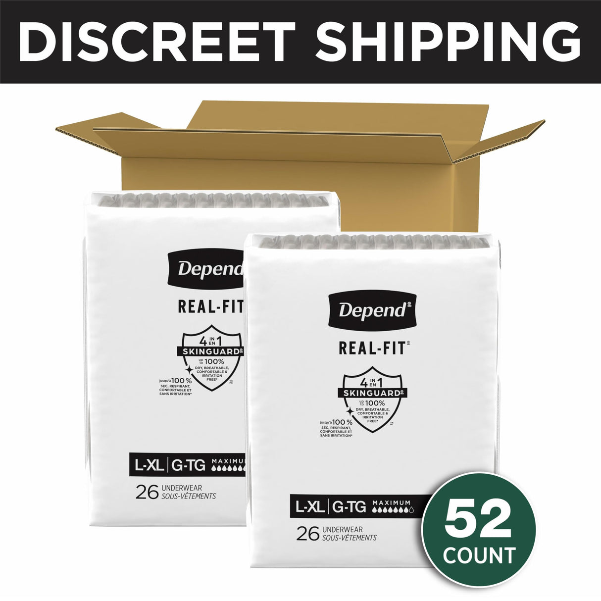 Depend Real Fit Adult Diapers, Incontinence Underwear for Men, Disposable, Maximum Absorbency, Large/Extra Large, 52 Count (2 Packs of 26), Packaging May Vary