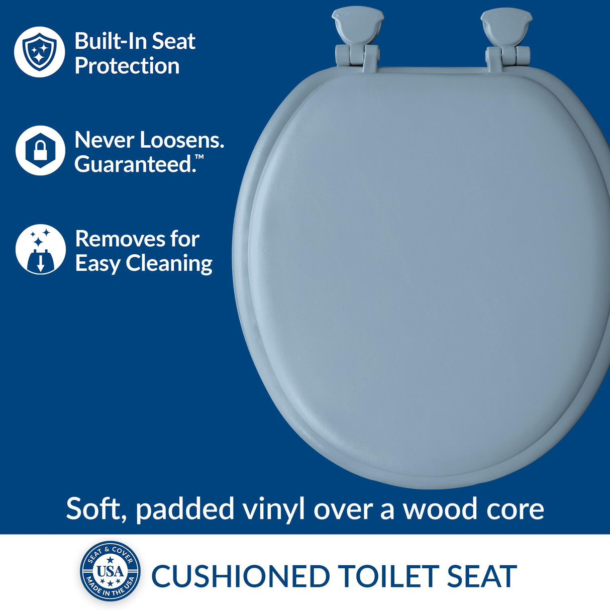 Mayfair Padded Toilet Seat, Cushioned Soft Vinyl over Wood Core Seat, Secure Hinges, Easy Clean, Made in USA, Round, Sky Blue (Pack of 2)