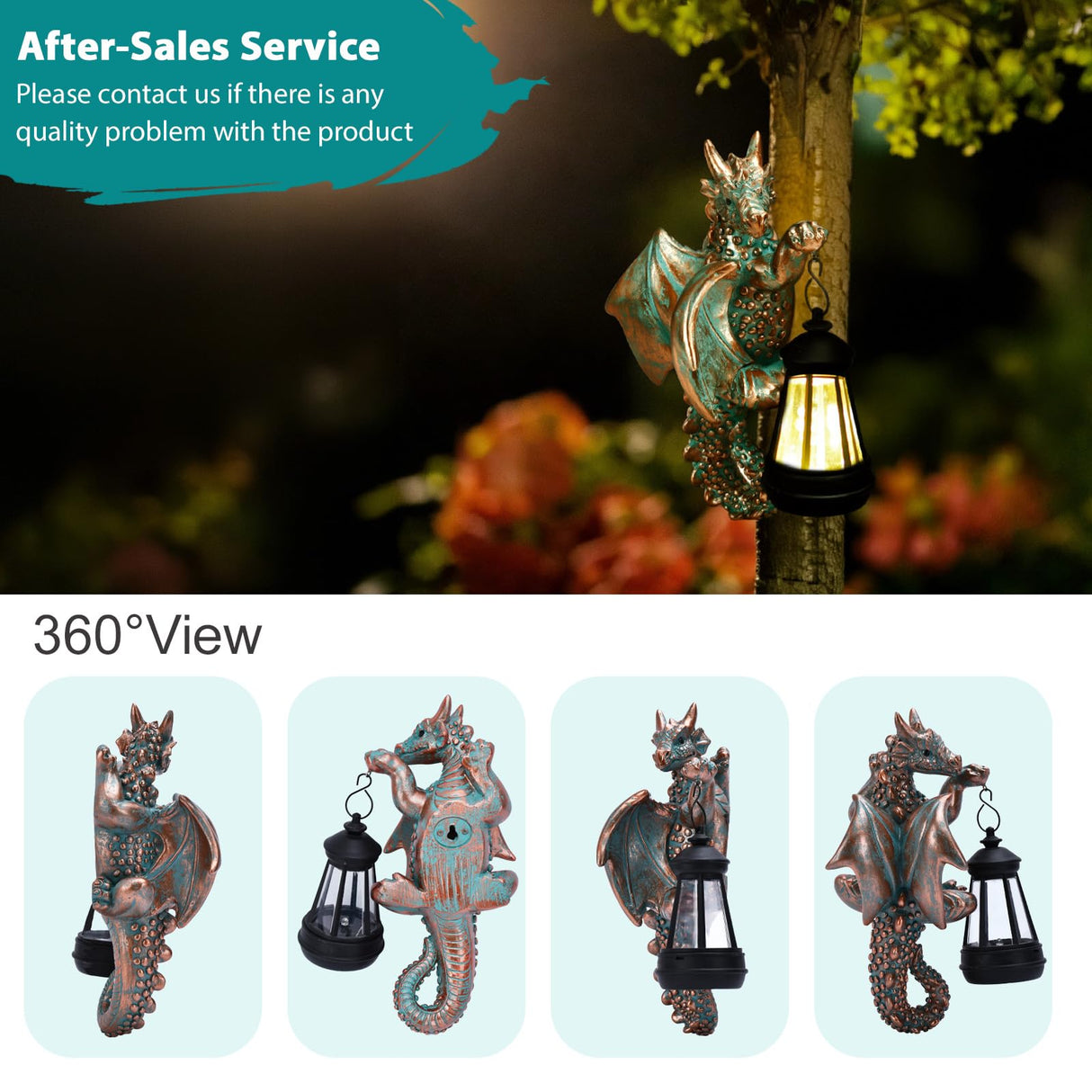 Goodeco Dragon Tree Hugger Garden Statue with Solar Lantern - 9.3 Inch Resin Dragon Decor for Outdoor, Perfect Dragon Gifts & Yard Decor(Bronze)