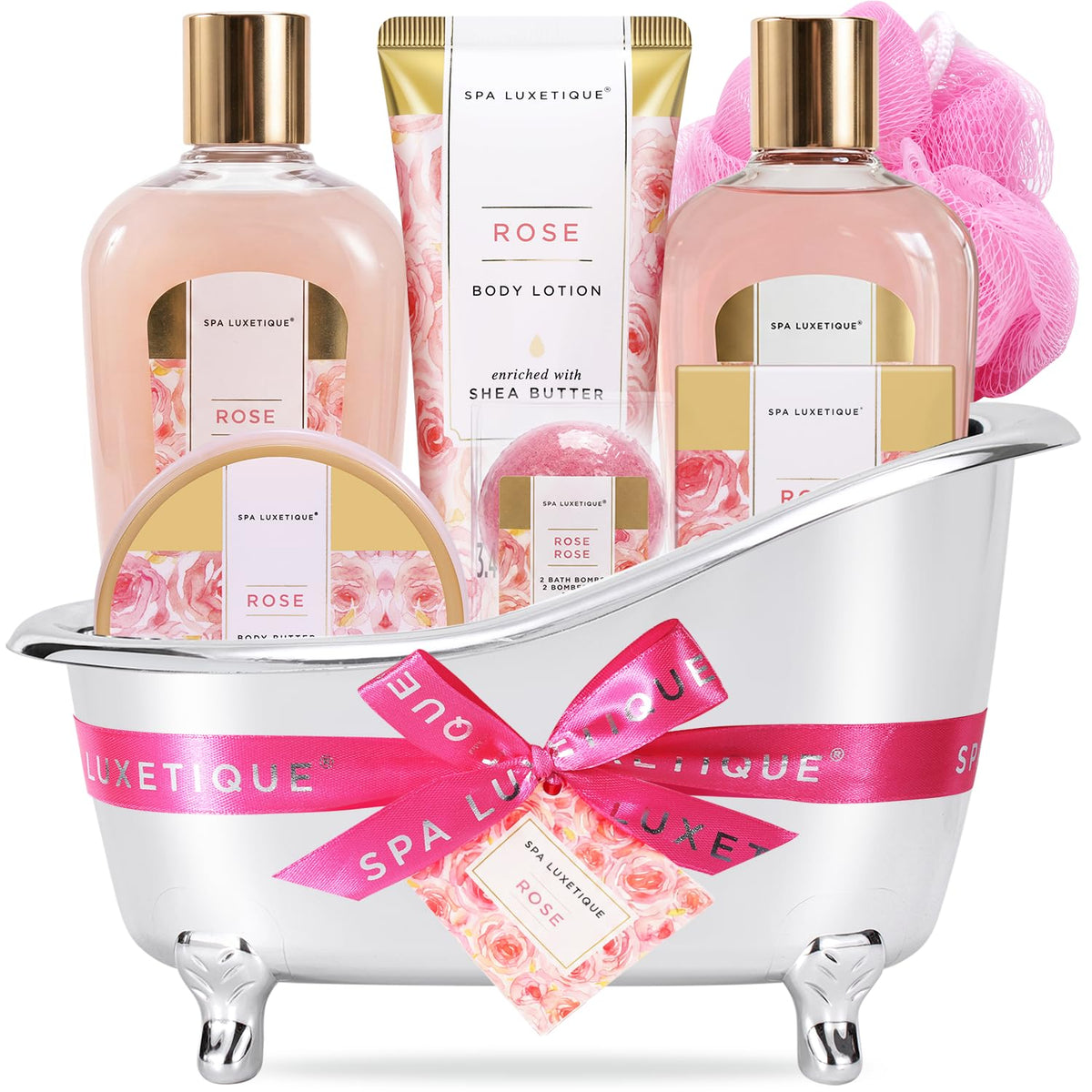 spa luxetique Gift Set for Women, Bath Sets for Women Gift, 8 Pcs Rose Spa Basket Includes Bubble Bath, Shower Gel, Body Lotion, Mom Birthday Gifts, Christmas Gifts for Her