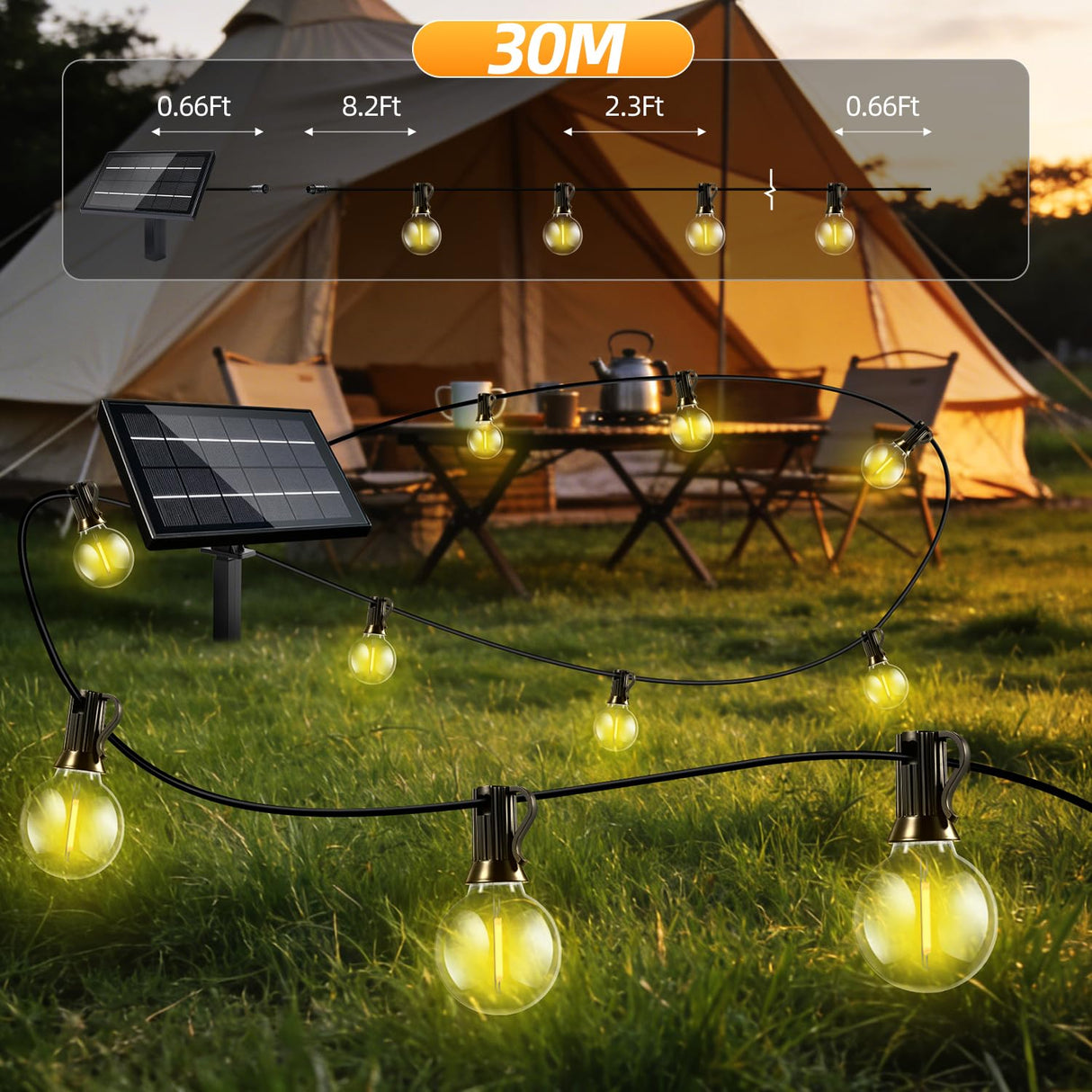FUANXIEI 100FT Solar Lights Outdoor Waterproof: G40 30M Shatterproof Bulbs Patio Lights - Solar Powered Remote Control 3 Light Modes Dimmable Solar Light - Camping Backyard Garden Deck Outside Yard