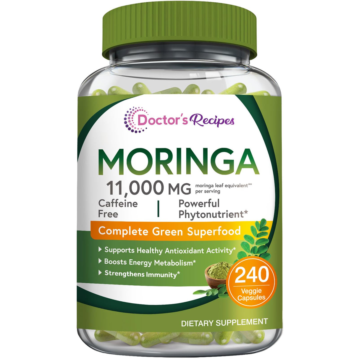 Doctor's Recipes Moringa 11,000 mg Strength, Complete Green Superfood, Natural Antioxidant Support, Non-GMO, 240 Vegan Caps, No Caffeine Soy Gluten