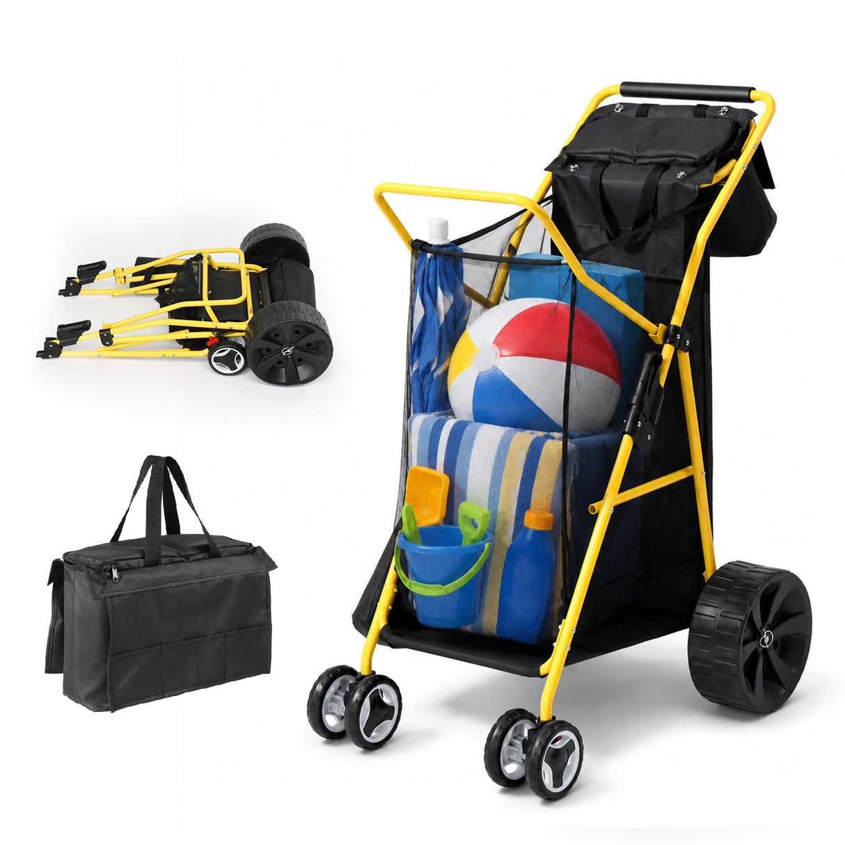 Bonnlo Beach Fishing Cart for Sand, Solid Wheel 11" Large All Terrain Wheels, Foldable Beach Wagon, Insulated Bag, 165lbs Capacity, Large Storage Space