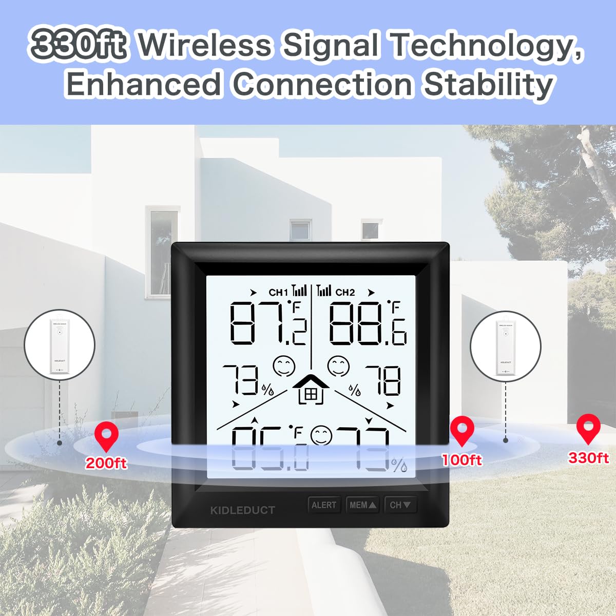 KIDLEDUCT Indoor Outdoor Thermometer Wireless Battery Powered, High Precision Inside Outside Humidity Temperature with Alert, Backlight Weather Thermometers with 2 Sensors, 330ft Wireless, Black