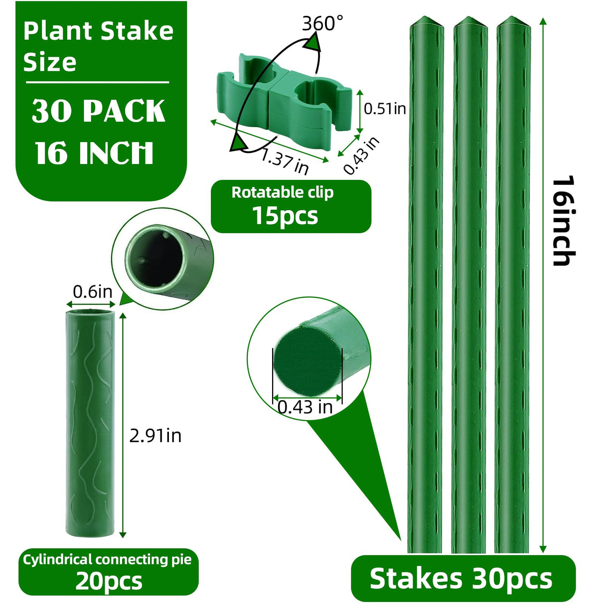 Fabulas Garden Stakes 16 Inch 30 Pack, Diy 4ft 5ft 6ft 7ft 8ft Tomato Stakes Plastic Coated Metal Plant Sticks Stakes Supports with 20 Connectors 15 Rotatable Clips for Indoor Outdoor Plants Vegetable