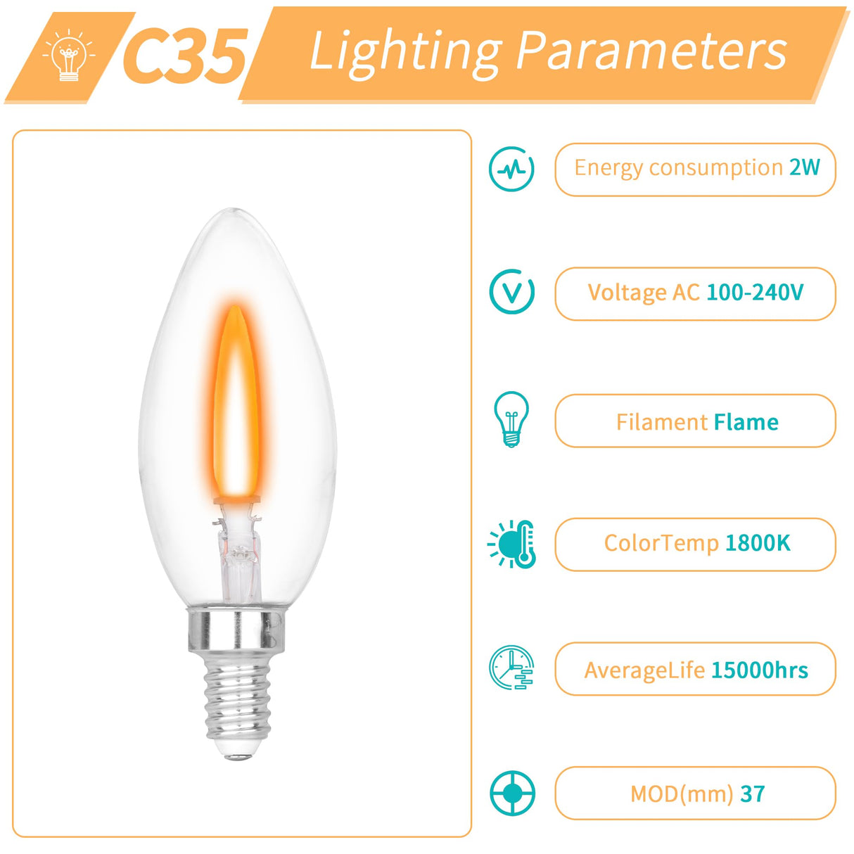 HEWA-Tech E12 Base C35 Flame Tip Flicker Bulbs - Crystal Clear Candle Light with Orange Glow Effect for Halloween/Christmas, E12 Non-Dimmable Chandelier Replacement Bulbs, 6-Pack (C35E12 Clear)