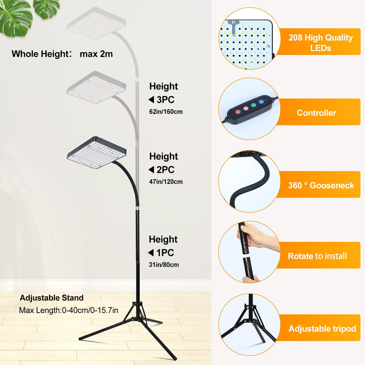 FECiDA 2026 Grow Lights with Upgraded Stand, Standing Grow Lights for Indoor Tall Plants, Bonsai Tree, 4/8/12/16/20 Hr Timer, 25 Watt Power Draw, NO Need Adapter, 24"-76" Height Adjustable