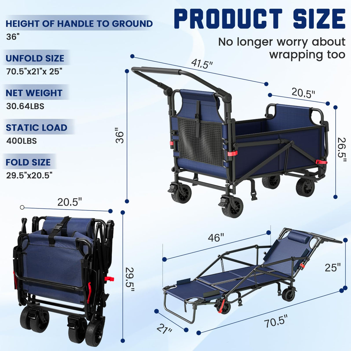 LEVELEVE Heavy Duty Folding Wagon - 2-in-1 Collapsible Cart, All-Terrain Wheels w/Brakes & Side Pockets (Blue,650lb Capacity)