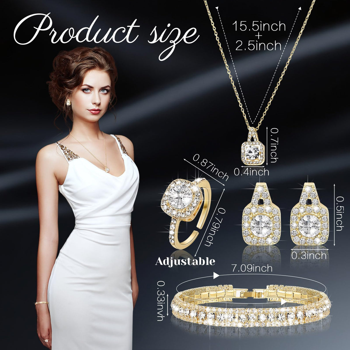 Canchiing 5 Pcs Rhinestone Jewelry Set for Women Glitter Bling Clutch Purse Necklace Earrings Bracelet Ring for Bride Wedding(Gold)