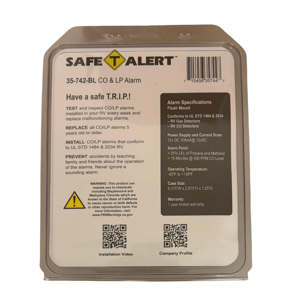 Safe T Alert - Dual LP/CO Alarm - Flush Mount Black - 35-742-BL