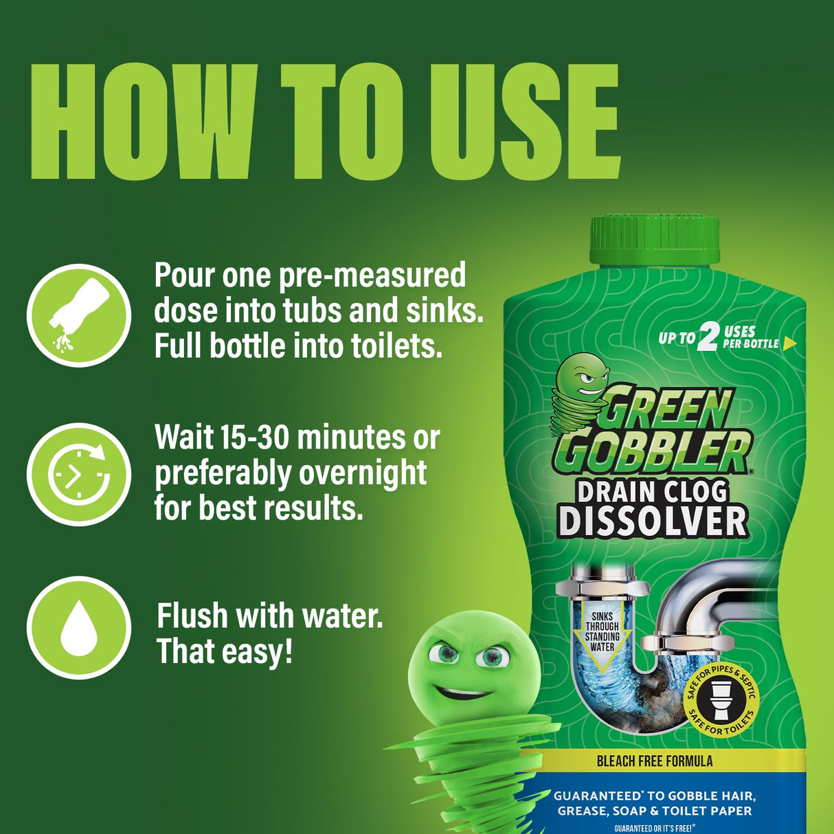 Green Gobbler Drain Clog Dissolver | Powerful Liquid Drain Opener & Toilet Clog Remover | Safe for Pipes & Septic | 2 Pack