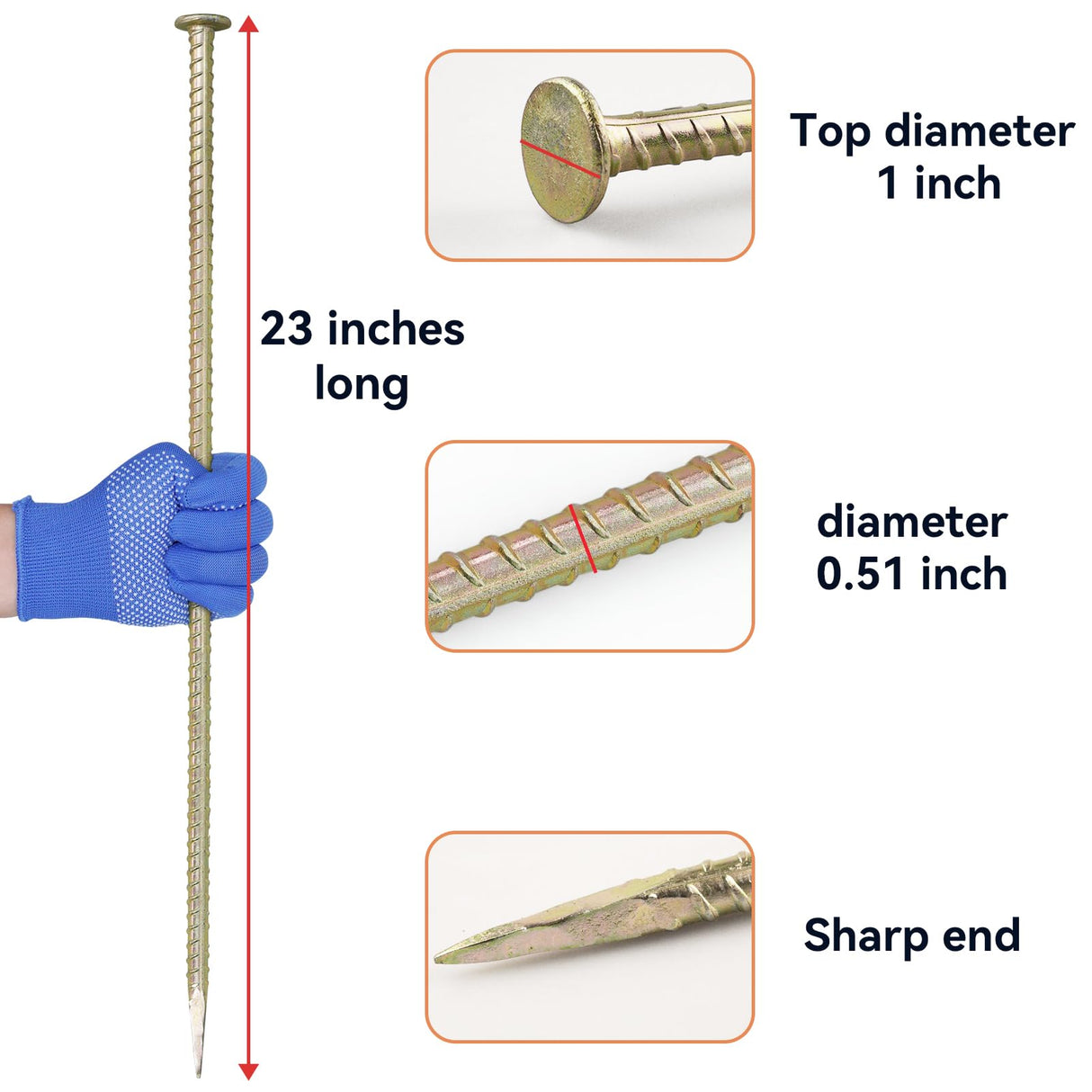 JPOIP 23-Inch Long Rebar Stakes - 1/2 Inch Diameter Heavy Duty Galvanized Steel Ground Asphalt Anchors for Speed Bump, Wheel Stop, Tent and More (4)