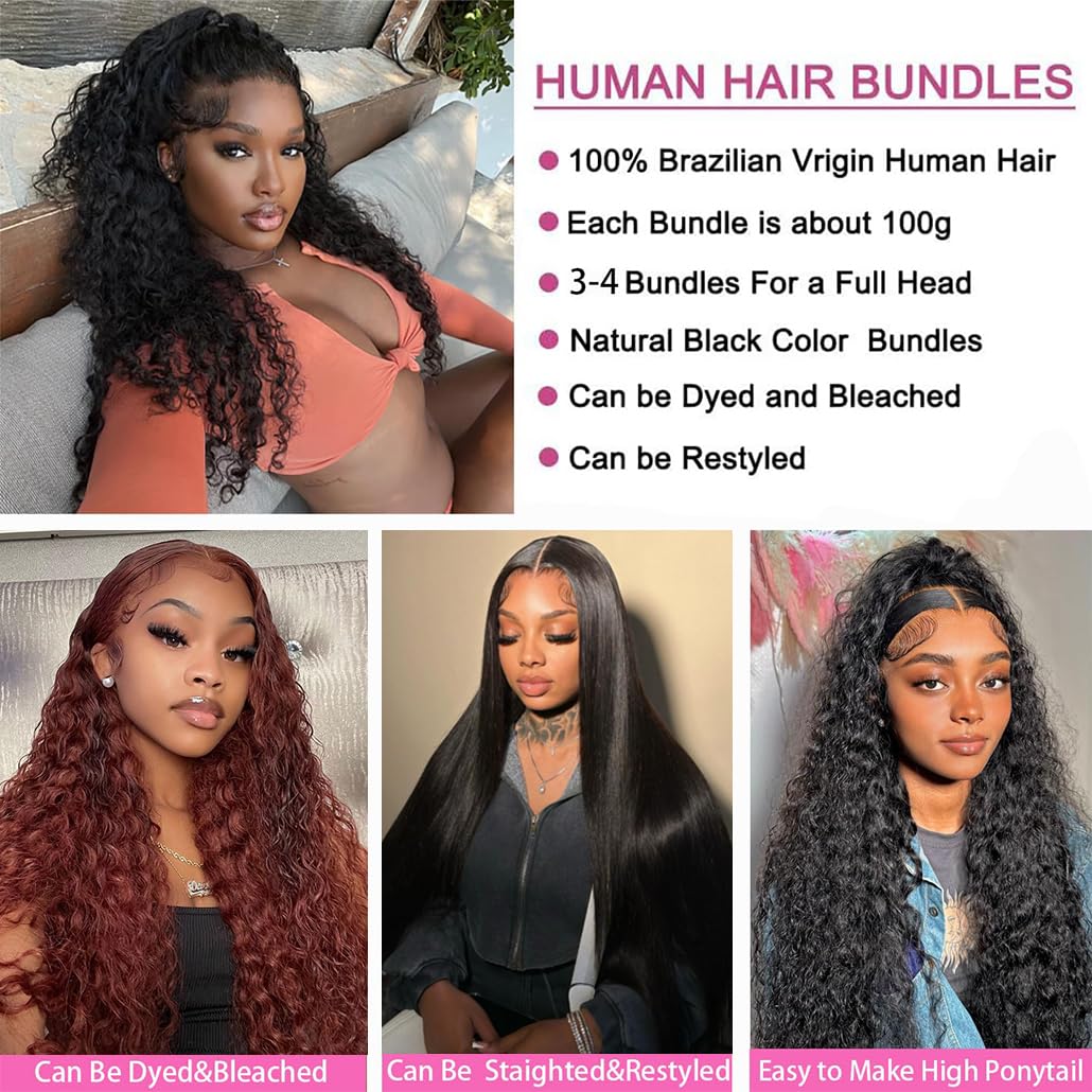 Halerp Water Wave Human Hair Bundles 20 22 24 26 Inch Curly 4 Bundles Human Hair 12A Unprocessed Brazilian Virgin Weave Deep Wave Hair Extension Natural Black