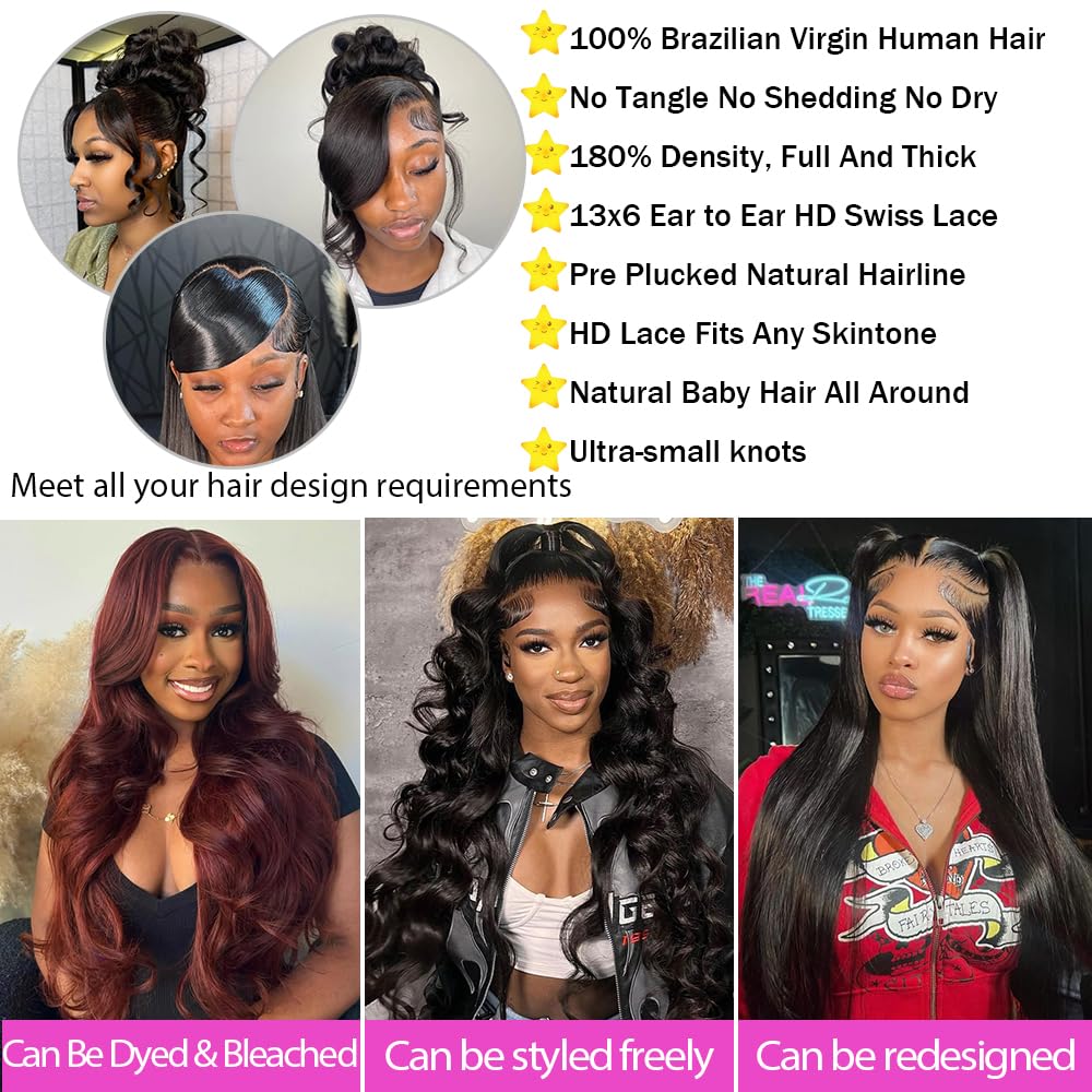 30 Inch 13X6 Lace Front Wigs Human Hair 180 Density Body Wave Lace Front Wigs Pre Plucked Brazilian 13x6 HD Lace Frontal Wigs Glueless Wigs Human Hair Wig For Women