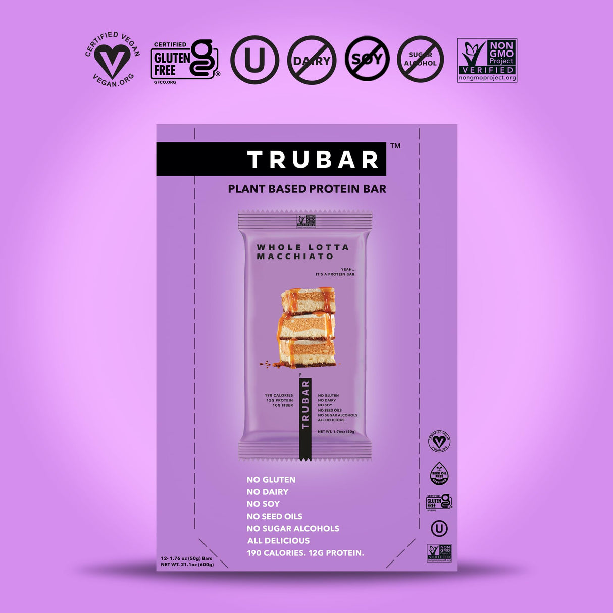 TRUBAR Vegan Protein Bar, Whole Lotta Macchiato, Gluten Free, Plant Based Protein, Dairy Free, Non GMO, Soy Free, No Sugar Alcohols, 12G Protein, 12G Fiber, 23G Carb, On the Go Snack Bars, 12 CT