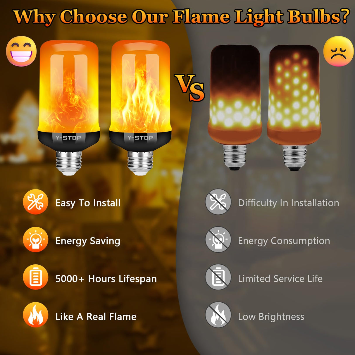 Y-STOP Halloween Decorations Upgraded LED Flame Light Bulbs, 4 Modes Flickering Light Bulb with Upside Down Effect, E26 Base Flame Bulb for Halloween Lights, Christmas Decoration, Party Decor (2 PCS)