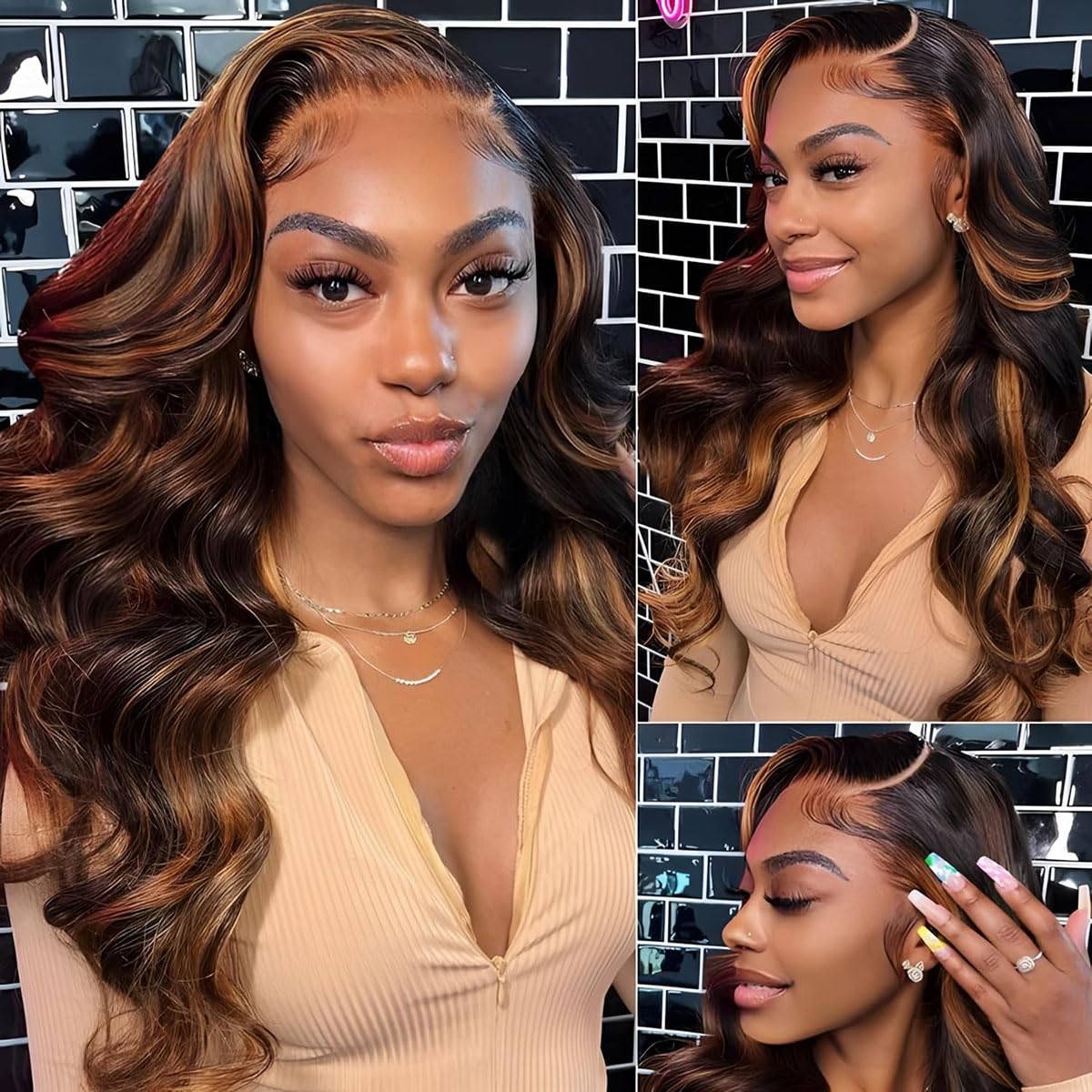 30 inch 13x6 Highlight Body Wave Lace Front Wigs Human Hair Pre Plucked 200% Density FB/30 Ombre Frontal Wigs Human Hair HD Lace Wig Glueless Balayage Wigs for Black Women Human Hair Bleached Knots