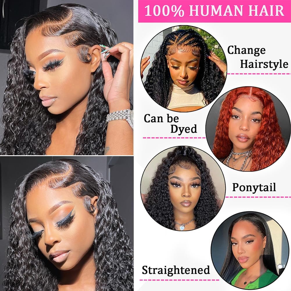 Kdmidun 28 Inch 13x6 Deep Wave Lace Front Wigs Human Hair Pre Plucked 200% Density 13x6 HD Transparent Lace Frontal Curly Wigs Human Hair Glueless Deep Curly Human Hair Wigs For Women Natural Black
