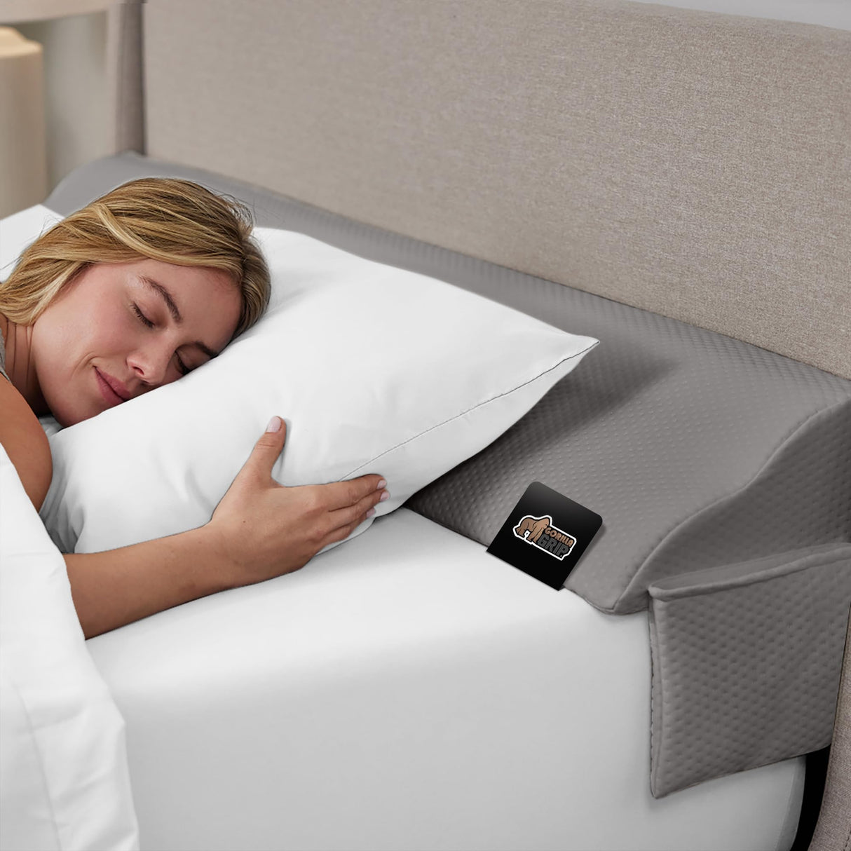 GORILLA GRIP Patent Pending Bed Wedge Pillow Headboard Gap Filler, Comfortable and Supportive High Density Foam Angled Pillows, Stay in Place Gripping Dots, Wedges Between Mattress, Full Size Gray