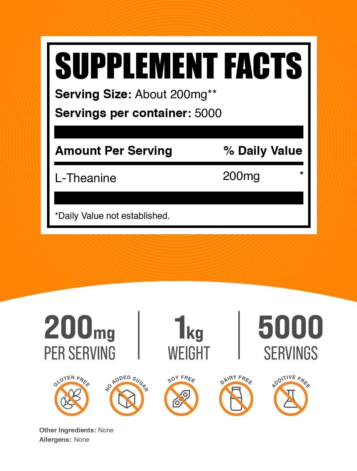 BulkSupplements.com L-Theanine Powder - L-Theanine Supplement, L-Theanine 200mg - Amino Amino Supplement, Pure & Gluten Free, 200mg per Serving, 1kg (2.2 lbs) (Pack of 1)