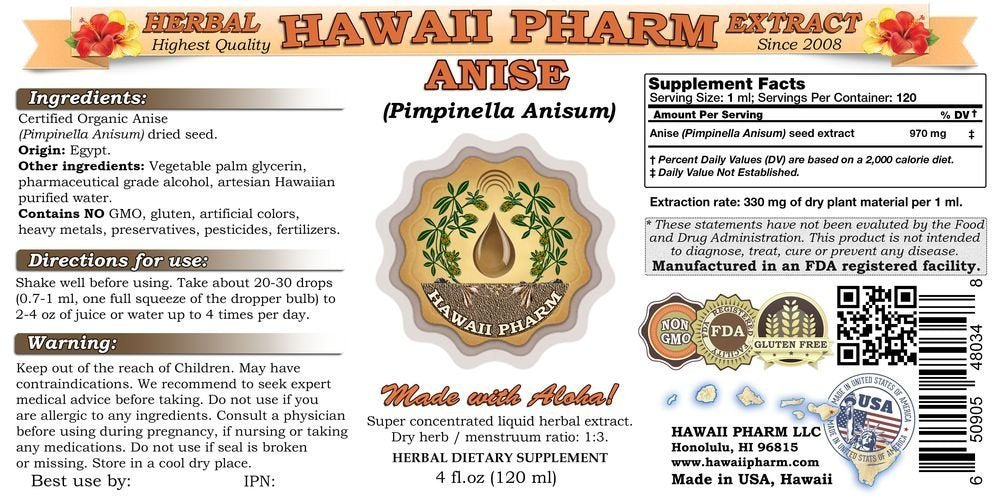 HawaiiPharm Anise Liquid Extract, Organic Anise (Pimpinella Anisum) Seed Tincture 2 oz