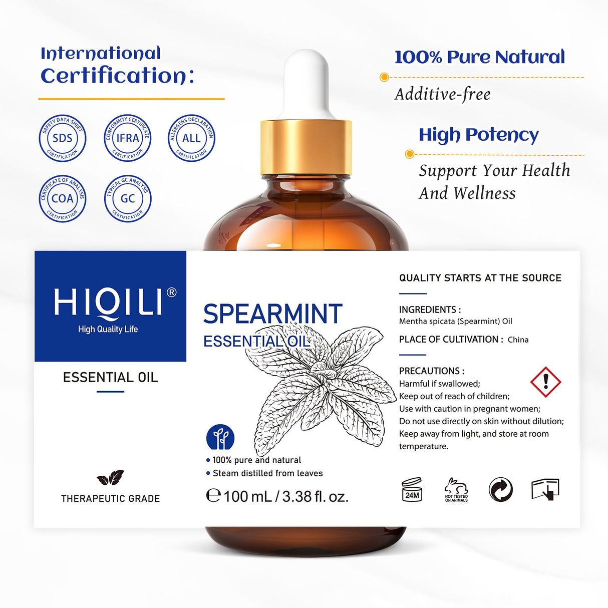HIQILI 100ML Spearmint Oil for Skin Care, Facial, Can be Added to Lotions, Creams -100% Pure Natural Treatment Grade - 3.38 Fl Oz