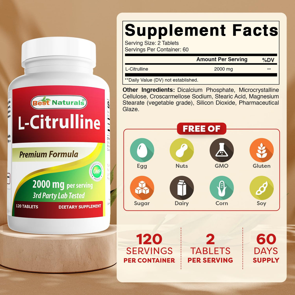 Best Naturals L-Citrulline 2000mg/Serving - Non-GMO - Gluten Free - 120 Tablets (120 Count (Pack of 3))