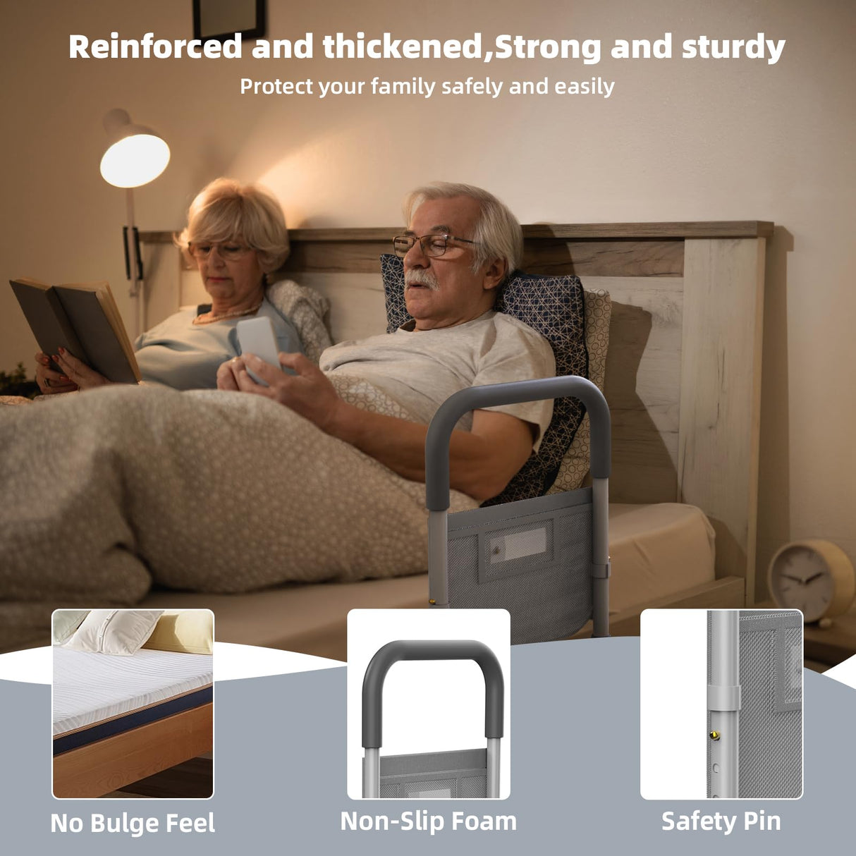 Bed Rails for Elderly Adults Safety: with Motion Sensor Light & Storage Bag -Adjustable Bed Assist Rail for Seniors - Side Bed Rail Handle Support Bar Guard Rails - Fit King Queen Full Twin Bed