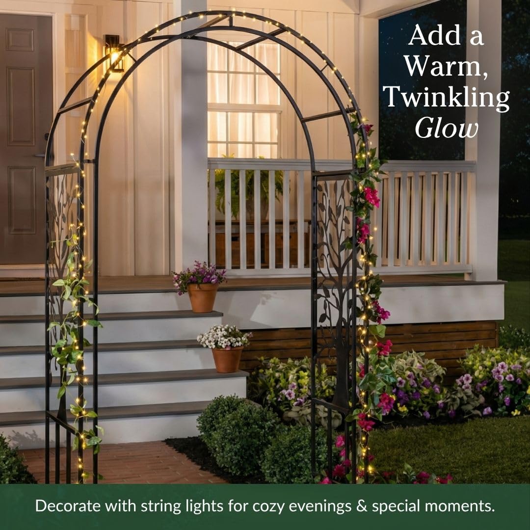 Plow & Hearth Metal Garden Arch Trellis Arbor Tree of Life Panels, 7 feet Freestanding Outdoor Arch Trellis for Climbing Plants, Pathway Entry and Wedding Garden Decor
