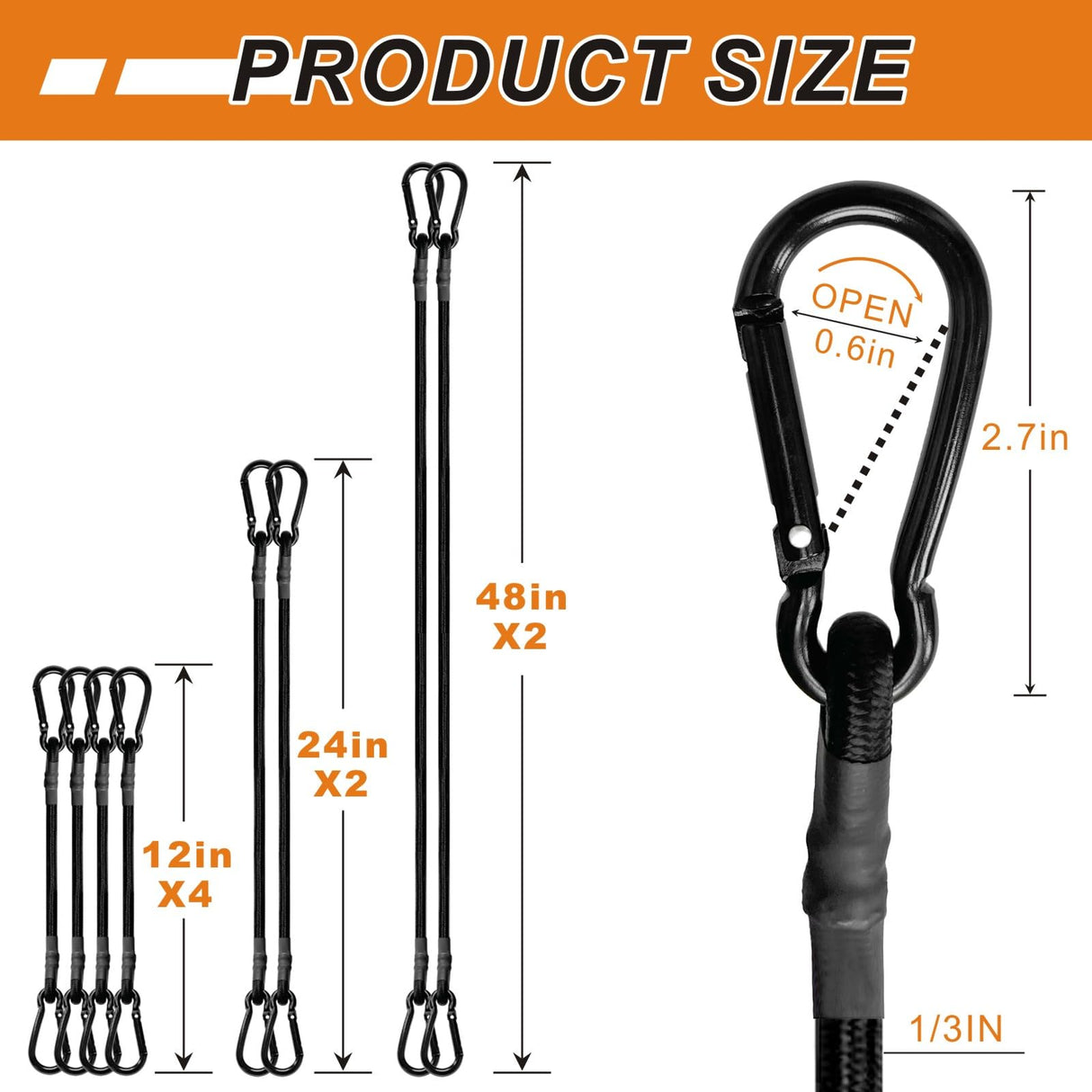 BEXSLE Bungee Cords with Carabiner Hooks Heavy Duty, Outdoor Black Bungee Straps, Strong Industrial Grade Elastic Bungee Rope for Securing Tarps, Luggage, Tents,Bikes, 12in + 24in + 48in,8pcs